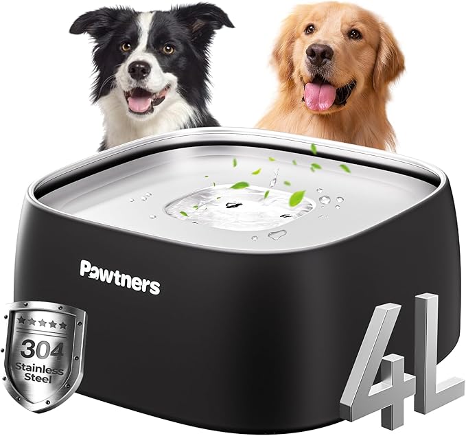 Upgrade No Spill Water Bowl for Dogs, 135oz/4L All Stainless Steel Dog Water Bowl with Non-Slip Base, Spill Proof for Medium Large Messy Drinkers, Anti Splash, Slow Drinking, Slobber Stopper, Black