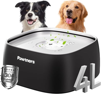 Upgrade No Spill Water Bowl for Dogs, 135oz/4L All Stainless Steel Dog Water Bowl with Non-Slip Base, Spill Proof for Medium Large Messy Drinkers, Anti Splash, Slow Drinking, Slobber Stopper, Black