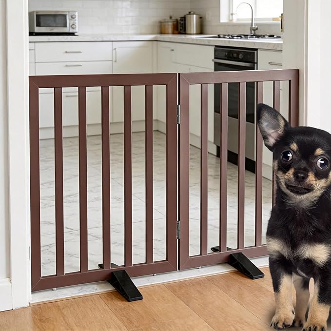 ZJSF Freestanding Indoor Dog Gate for House Foldable Wood Puppy Gate for Doorways Pet Gate for Stairs Extra Wide Pet Fence, Brown, 24" Height 2 Panels