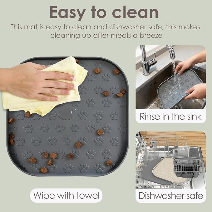 2 Pack Pet Feeding Mats, Waterproof Anti-Slip Placemats for Dog Cat Bowl Silicone Pet Food Mat, Raised Edge Prevent Spills on Floor & Carpet, Dishwasher Safe (2 Gray, 11" x 11")