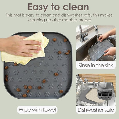 Pet Feeding Mat, Waterproof Anti-Slip Placemats for Dog Cat Bowl Silicone Pet Food Mat, Raised Edge Prevent Spills on Floor & Carpet, Dishwasher Safe (Gray, 11" x 11")