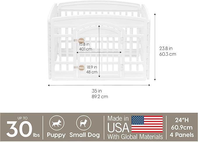 IRIS USA Dog Playpen with Door, 24” 4 Panel Pet Exercise Pen – Indoor Outdoor Puppy Play Pen, Portable Plastic Pet Fence for Small Medium Dogs, Foldable 35” x 35” x 24”, White