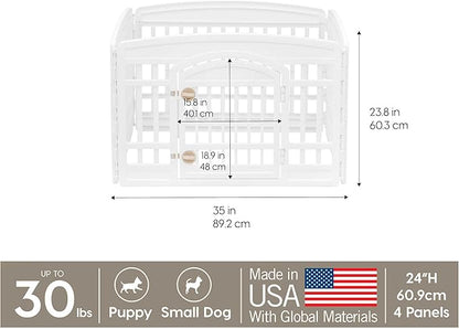 IRIS USA Dog Playpen with Door, 24” 4 Panel Pet Exercise Pen – Indoor Outdoor Puppy Play Pen, Portable Plastic Pet Fence for Small Medium Dogs, Foldable 35” x 35” x 24”, White