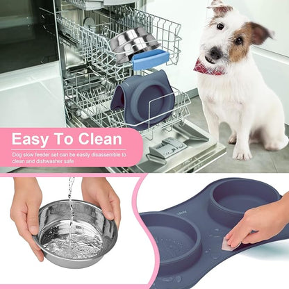 Anipaw Slow Feeder Dog Bowls 3 in 1 Stainless Steel Dog Food and Water Bowls with Non-Spill and Non-Skid Silicone Mat to Slow Down Eating for Large Medium Small Breed Size Dogs and Cats (Light Grey)