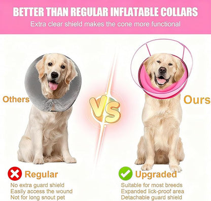 2-in-1 Soft Inflatable Dog Cone Collar Alternative with Enhanced Anti-Licking Guard Shield, Dog Collar After Surgery, Adjustable Recovery Cones for Large Medium Small Dogs and Cats(Pink, XL)