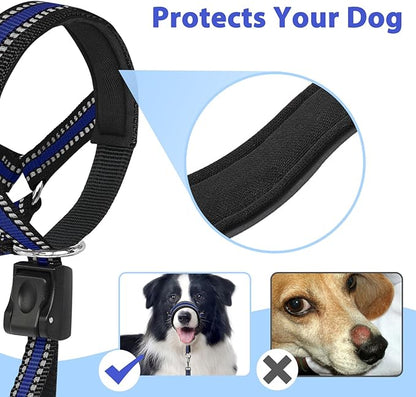 BARKLESS Soft Dog Head Collar, Patented Padded No Pull Head Halter, Training Nose Leash with Safety Link for Medium Large Dogs, Adjustable Muzzle Leash, Easy Control for Walking(Blue, M)