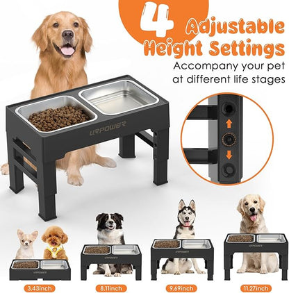 URPOWER Raised Dog Bowls 4 Height Adjustable Elevated Bowl Stand with Stainless Steel Water Bowl Non-Slip Dog Food Bowls Stand for Small Medium Large Dogs and Pets