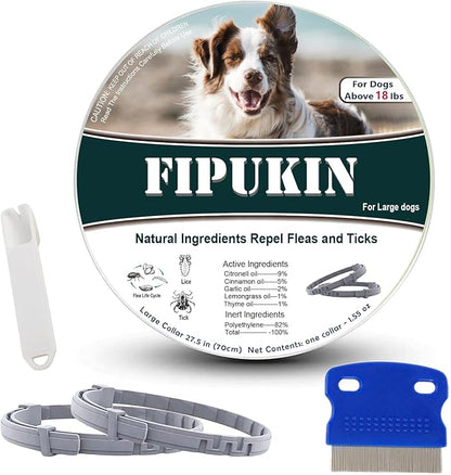 Flea and Tick Collar for Large Dogs, 2‑Pack | 8‑Month Waterproof Protection with Natural Essential Oils | Includes Comb & Tick Removal Tool