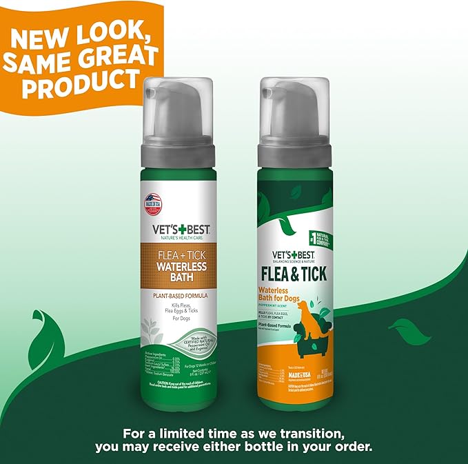 Vet's Best Natural Flea and Tick Waterless Bath for Dogs – No-Rinse Dry Foam Shampoo with Certified Essential Oils – Natural Flea Treatment with Plant-Based Ingredients – 8 oz Bottle – Made in USA
