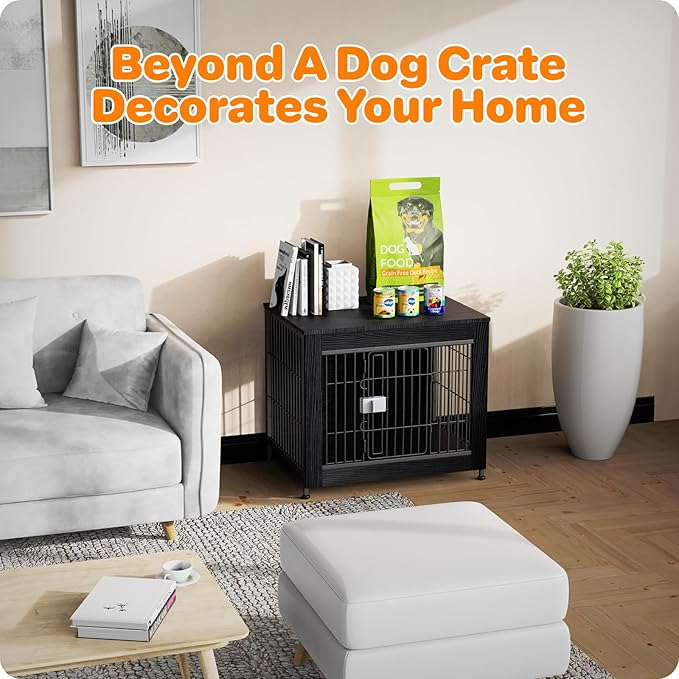Dog Crate Furniture, Wooden Dog Crate 27in, Decorative Cage with End Table for Dog Indoor Kennel, High Anxiety Dog, Escape-Proof Locks for All Breeds