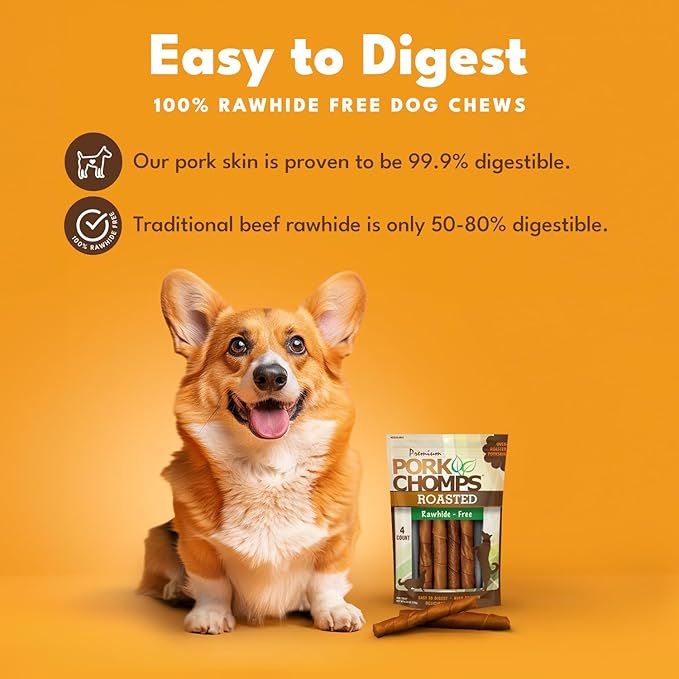 Pork Chomps Roasted Pork Skin Dog Chews, 6 Inch Twists, 4 Count - Long-Lasting Treats for Dogs - High Protein, Rawhide-Free, Low Fat, Healthy & Delicious Chews