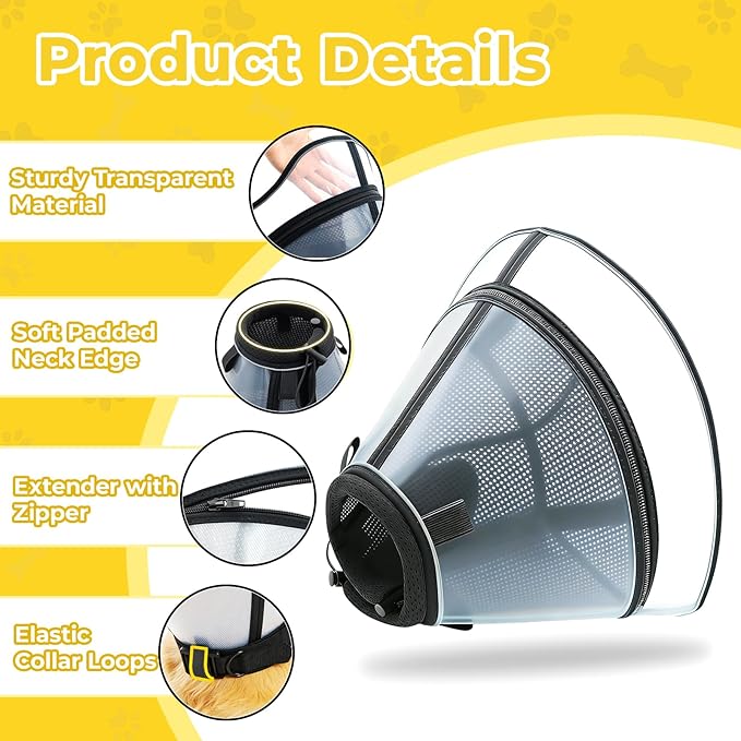 Upgraded Dog Cone Collar for Dogs After Surgery, Soft Transparent Pet Recovery Collar for Large Medium Small Dogs, Depth Adjustable Dog Cone Collar, Elizabethan Collar (XXL, Black)