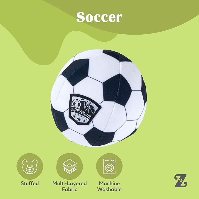 ZippyPaws SportsBallz - Dog Squeaky Toys to Keep Them Busy, Funny Plush for Small, Medium, & Large Dogs, Cute Stuffed Puppy Toy, Pet Products, Gift for All Breeds, Interactive Squeaker - Soccer Ball