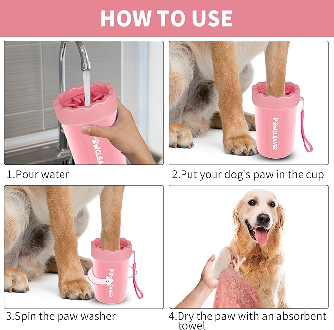 Professional 7 in 1 Dog Paw Cleaner for Dogs - Includes 1 Portable Paw Washer, 1 Bath Brush, 2 Dog Toothbrushes and 3 Absorbent Towels Note: Fits Paws 1.5 to 2.5 Inches Wide (Medium, Light Pink)