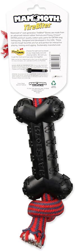 Mammoth Pet Products TireBiterII Bone with Extra Cotton-Poly Rope â€“ Natural Rubber Dog Toys for Extreme Chewers â€“ Aggressive Chewer Toys for Dogs - Large 15â€, Black (35023F)