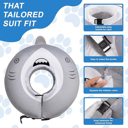 Dog Cone Inflatable Widen Dog Neck Donut Collar, Soft Cone Alternative After Surgery for Large Medium Small Dogs to Stop Licking, Shark, Large