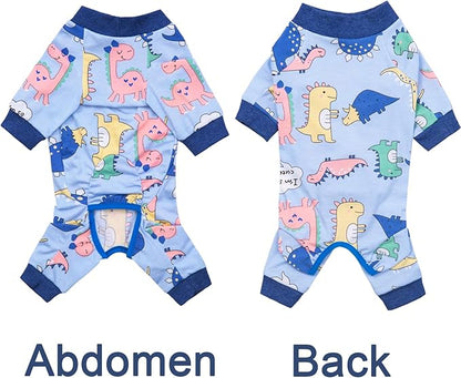 Recovery Suit for Surgery Small Medium Dogs Onesie, Cute Soft Pajamas Bodysuit Cone Alternative Prevent Licking, Female Male (Small, Dinosaur Blue)