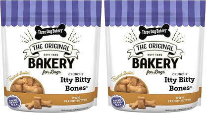 Three Dog Bakery Itty Bitty Bones Peanut Butter Dog Treats,32oz - Crunchy Bones for-Dog Training Treats,Real Peanut Butter Puppy Training-Treats,Dog-Bakery-Treats,(Pack of 2)