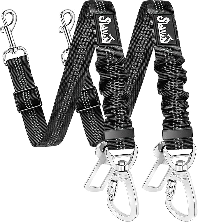 SlowTon Dog Seatbelt, 2 Pack Dog Seat Belt Car Leash Adjustable Elastic Bungee Buffer Heavy Duty Nylon Reflective Pet Safety Tether Connect to Dog Harness for Travel Riding in Vehicle (Daul Clip, B)