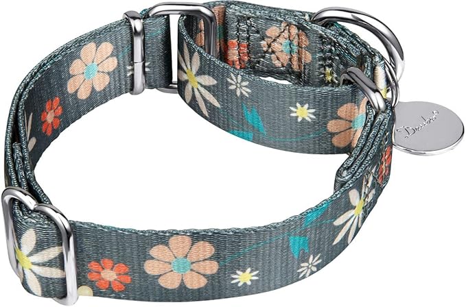 Martingale Collar Floral Print Dog Collar, No Pull Pet Collar, Heavy Duty Adjustable Dog Collar, Medium, Neck 14 Inch to 21 Inch, Warm Grey Flowers