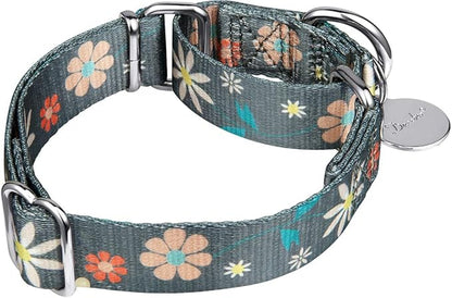 Martingale Collar Floral Print Dog Collar, No Pull Pet Collar, Heavy Duty Adjustable Dog Collar, Medium, Neck 14 Inch to 21 Inch, Warm Grey Flowers