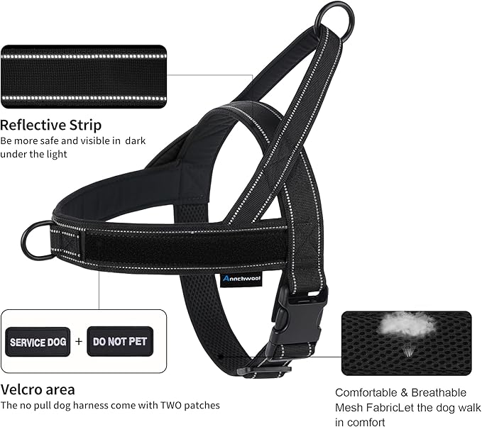 Annchwool No Pull Dog Harness,Heavy Duty Reflective Collar & Leash Set-Leash with Double Handle & Car Seatbelt Clip-Easy Control for Walking Training Medium Large Size Dogs(Black,M)