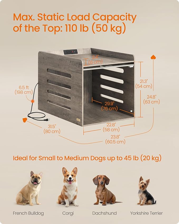Feandrea Modern Dog Crate Furniture with Charging Station, Medium Kennel Indoor with Flip-up Hidden Acrylic Door, for Small and Medium Dogs up to 45 lb, Pet Side End Table Cage, Heather Greige