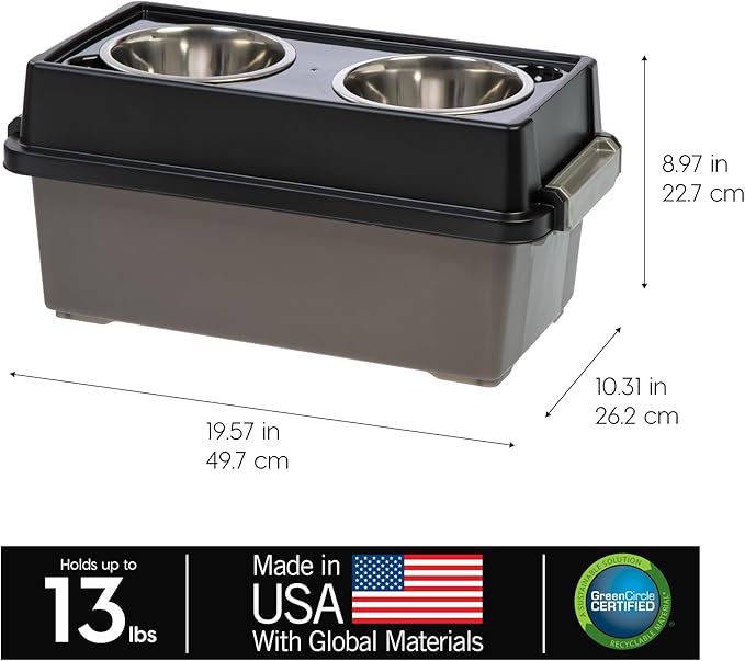 IRIS USA Elevated Dog Bowls with Storage, 9" H Raised Bowl for Small Dogs, Airtight Pet Food Storage Holds Up to 13 lbs, At Home or Camping, Smoke/Black