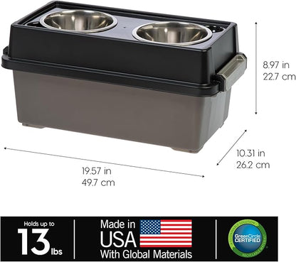 IRIS USA Elevated Dog Bowls with Storage, 9" H Raised Bowl for Small Dogs, Airtight Pet Food Storage Holds Up to 13 lbs, At Home or Camping, Smoke/Black