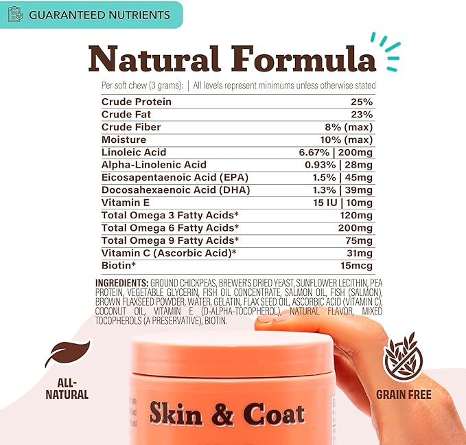 Natural Dog Company Skin & Coat Supplement Chew for Dogs – Omega 3 Salmon Oil, Biotin & Vitamin E Support Shiny Coat, Healthy Skin & Normal Shedding, Promotes Comfort from Occasional Itch, 180 Count