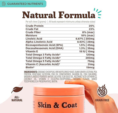 Natural Dog Company Skin & Coat Supplement Chew for Dogs – Omega 3 Salmon Oil, Biotin & Vitamin E Support Shiny Coat, Healthy Skin & Normal Shedding, Promotes Comfort from Occasional Itch, 180 Count