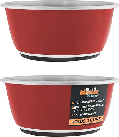 Master Pet Supply Stainless Steel Dog Bowls Set of 2 (16 Oz Each) with Non-Slip Rubber Base - Crimson Flame - Basic Dog Food Bowl Water & Food Bowls for Small Medium Large Dogs & Cats, Metal Dish
