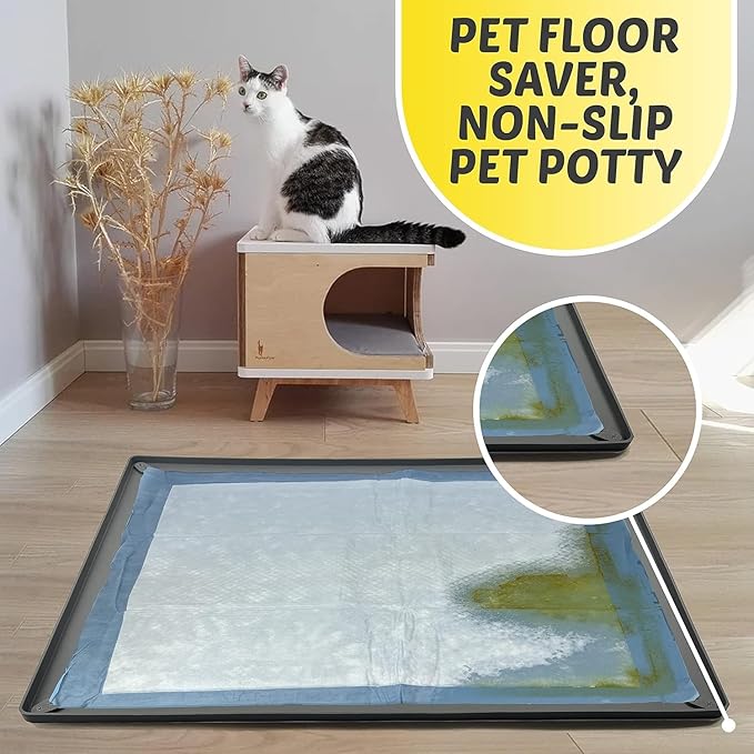 TidyFriend 2 Pk Pee Pad Holder Tray for 28” x 23” Pee Pads with Corner Lock Holes, Raised Edges, Non-Spill, Easy to Clean Silicone Dog Potty Tray Holder, for Indoor Floor Protection (Grey)