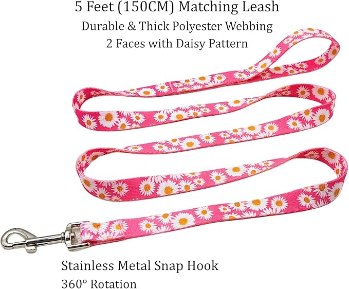 Dog Collar and Leash Set, Cute Pink Daisy Pattern, Polyester Material, 5ft Leash, for Small Dogs.(Small, Pink Daisy)