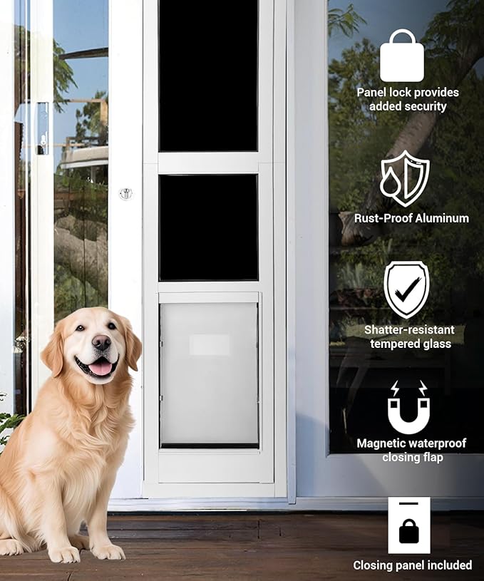 Large Dog Door for Sliding Glass Door - Left Amout from Inside, Adjustable Height: 77.38-81.75 in, Flap Size: 11”(W) x 16”(H)