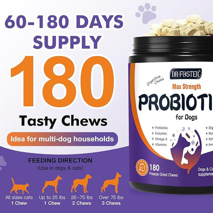 DRFOSTER Probiotics for Dogs, Freeze-Dried Dog Probiotics and Digestive Enzymes, Plus Omega-3 for Itchy Skin, Prebiotics for Digestive Health, Dog Vitamins and Supplements for Immune Health, 180 Bites