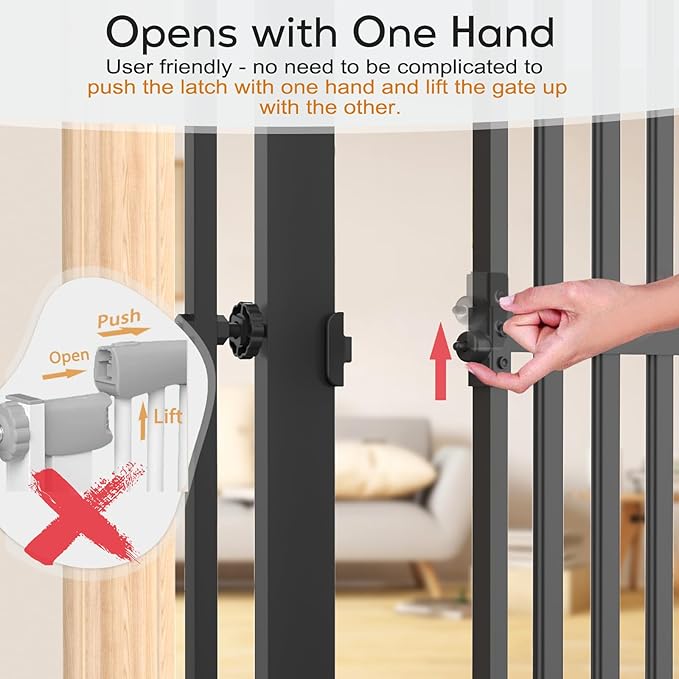 Senneny 63” Extra Tall Cat Gate Auto Close & One-Hand Open, No Drilling Pressure Mounted Kits and Wall Mounted Kits, Metal Pet Gate Fits Openings 29.5” to 33.4” Wide, Black