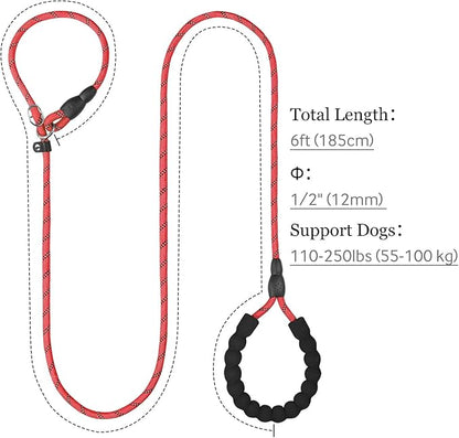TagME 6ft Slip Dog Lead, No Pull Reflective Training Leash with Padded Handle, Professional Rope P-Leash for Small Medium Large Dogs, Heavy Duty Correction Lead for Walking & Training (Red)