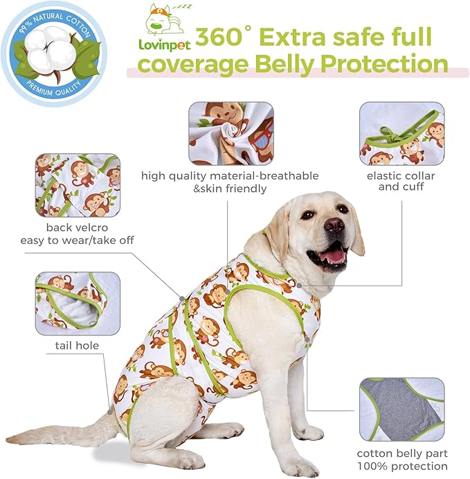 LovinPet Dog Recovery Suit - Medium Large - After Surgery Big Dog Recovery Suit Anti Licking Abdominal Wound Surgical Clothes Post-Operative Vest E-Collar Alternative,Monkey,Green,L