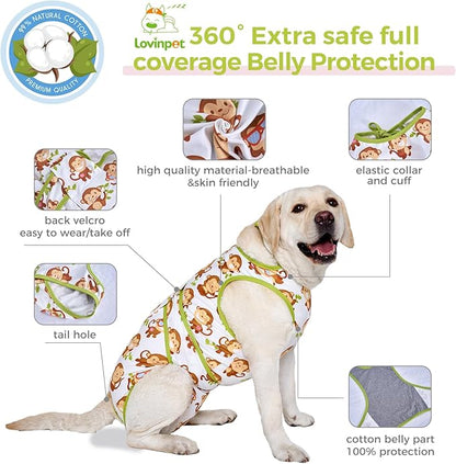 LovinPet Dog Recovery Suit - Medium Large - After Surgery Big Dog Recovery Suit Anti Licking Abdominal Wound Surgical Clothes Post-Operative Vest E-Collar Alternative,Monkey,Green,L