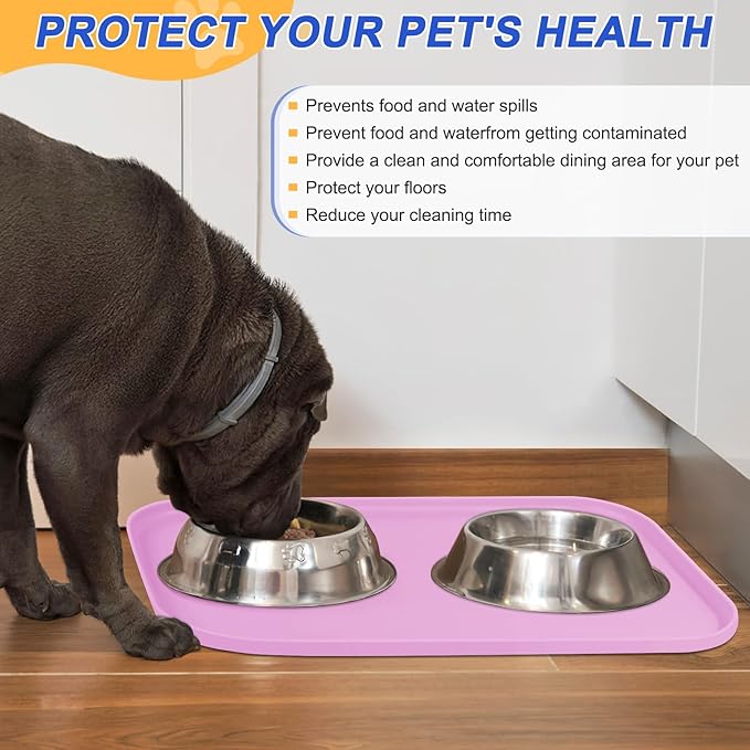 SMILOOL Silicone Pet Feeding Mat with Raised Edge for Food and Water, Dog Bowl Mats, Cat Bowls Placemat with High Lip for Floor Waterproof, Rubber Tray for Cats and Dogs 19 x 12 x0.7 Light Pink