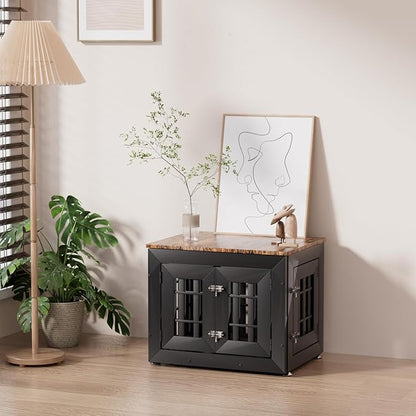 Snuowu 26" Heavy Duty Dog Crate Furniture for Small,Medium and Large Dogs,Rustic Wooden Dog Cage Kennel Indoor Furniture with Waterproof Top,Decorative Pet House Side End Table (Black & Wood)