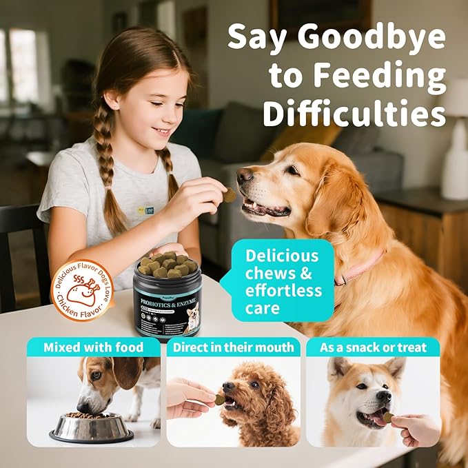 Probiotics for Dogs, Digestive Enzymes & Pumpkin Fiber for Gut Health and Bowel Support, Dog Supplement for Gas Relief & Constipation, 10B CFU with 5 Prebiotics & 5 Enzymes, 90 Count Chicken Flavor