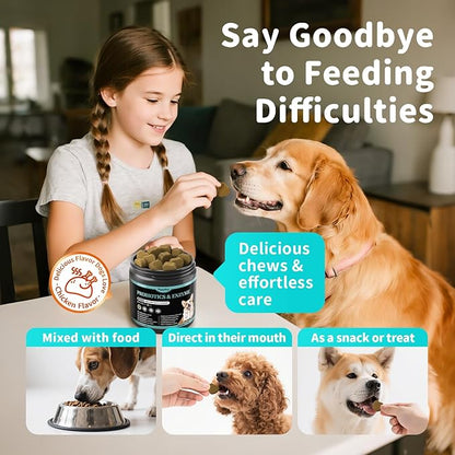 Probiotics for Dogs, Digestive Enzymes & Pumpkin Fiber for Gut Health and Bowel Support, Dog Supplement for Gas Relief & Constipation, 10B CFU with 5 Prebiotics & 5 Enzymes, 90 Count Chicken Flavor
