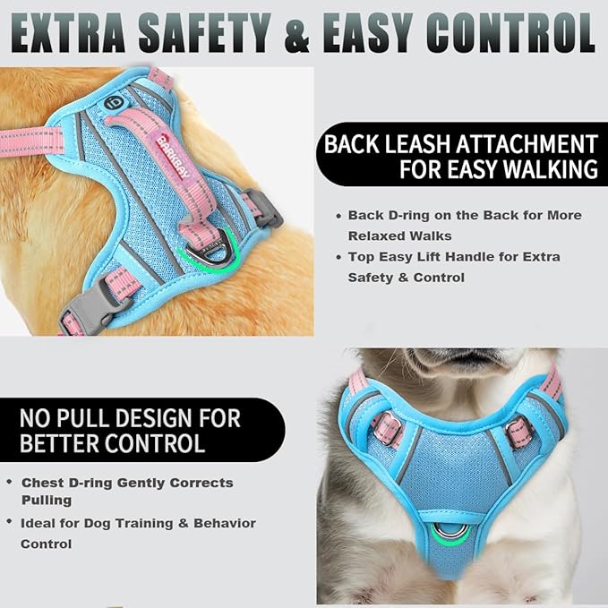 BARKBAY No Pull Dog Harness Large Reflective Dog Harness with Front Clip and Easy Control Handle for Walking Training Running with ID tag Pocket(Baby Blue & Baby Pink,XS)