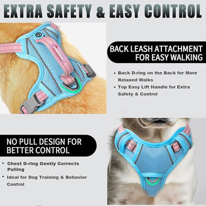 BARKBAY No Pull Dog Harness Large Reflective Dog Harness with Front Clip and Easy Control Handle for Walking Training Running with ID tag Pocket(Baby Blue & Baby Pink,XS)