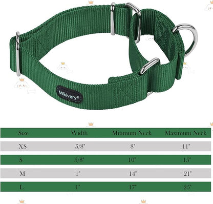 Mikivery Martingale Dog Collar Nylon Adjustable and Safety Training Colourful Comfortable Metal Buckle Pet Collars for Small Medium and Large Dogs(Dark Green,L)