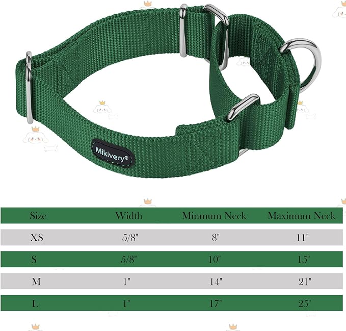 Mikivery Martingale Dog Collar Nylon Adjustable and Safety Training Colourful Comfortable Metal Buckle Pet Collars for Small Medium and Large Dogs(Dark Green,M)