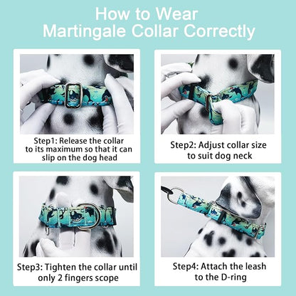 Reflective Martingale Collar for Dogs Nylon Training Collar with No Buckle, No Pull Boy Male Dog Collar for Medium Dogs（Green Shark，M）
