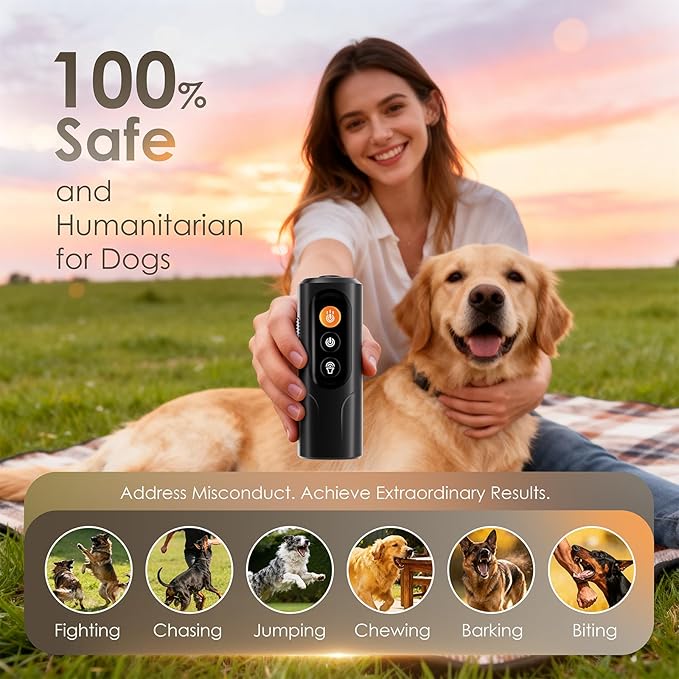 Dog Bark Deterrent Device & Anti Barking Device for Dogs, 50FT Ultrasonic Dog Trainer - Silent to Humans, Safe, Humane, Long-Lasting Rechargeable Black Handheld with LED, Indoor/Outdoor